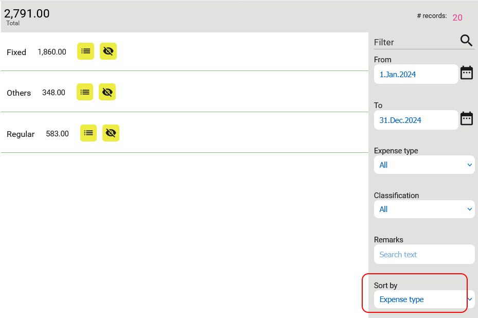 Sort by expense type